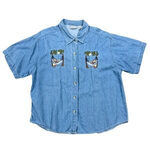 ALLYSON Whitmore Womens Denim Shirt Bears Hammock Embroidery Short Sleeve 2X